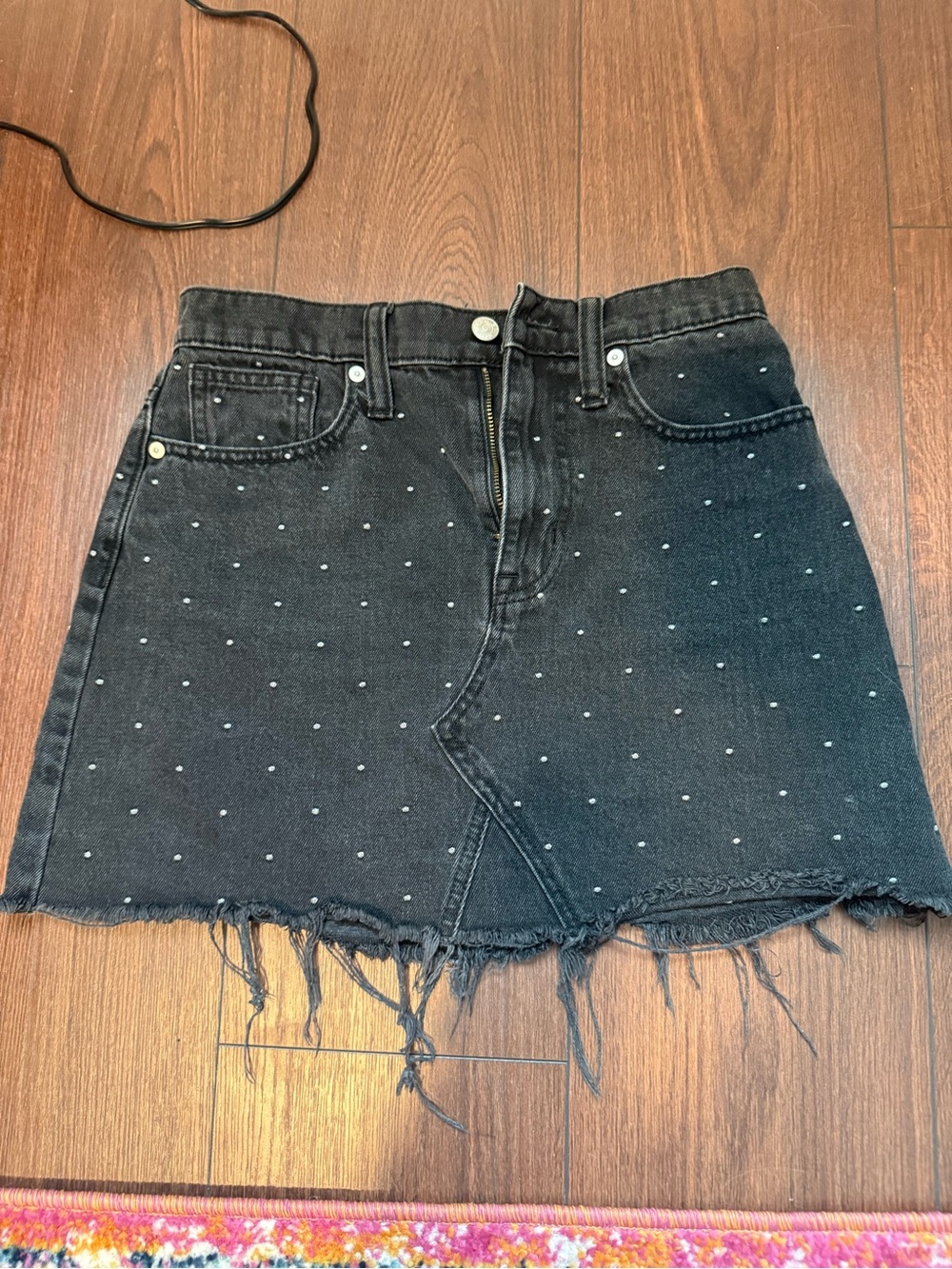 Madewell Black Distressed Denim Mini Skirt with Silver Detailing